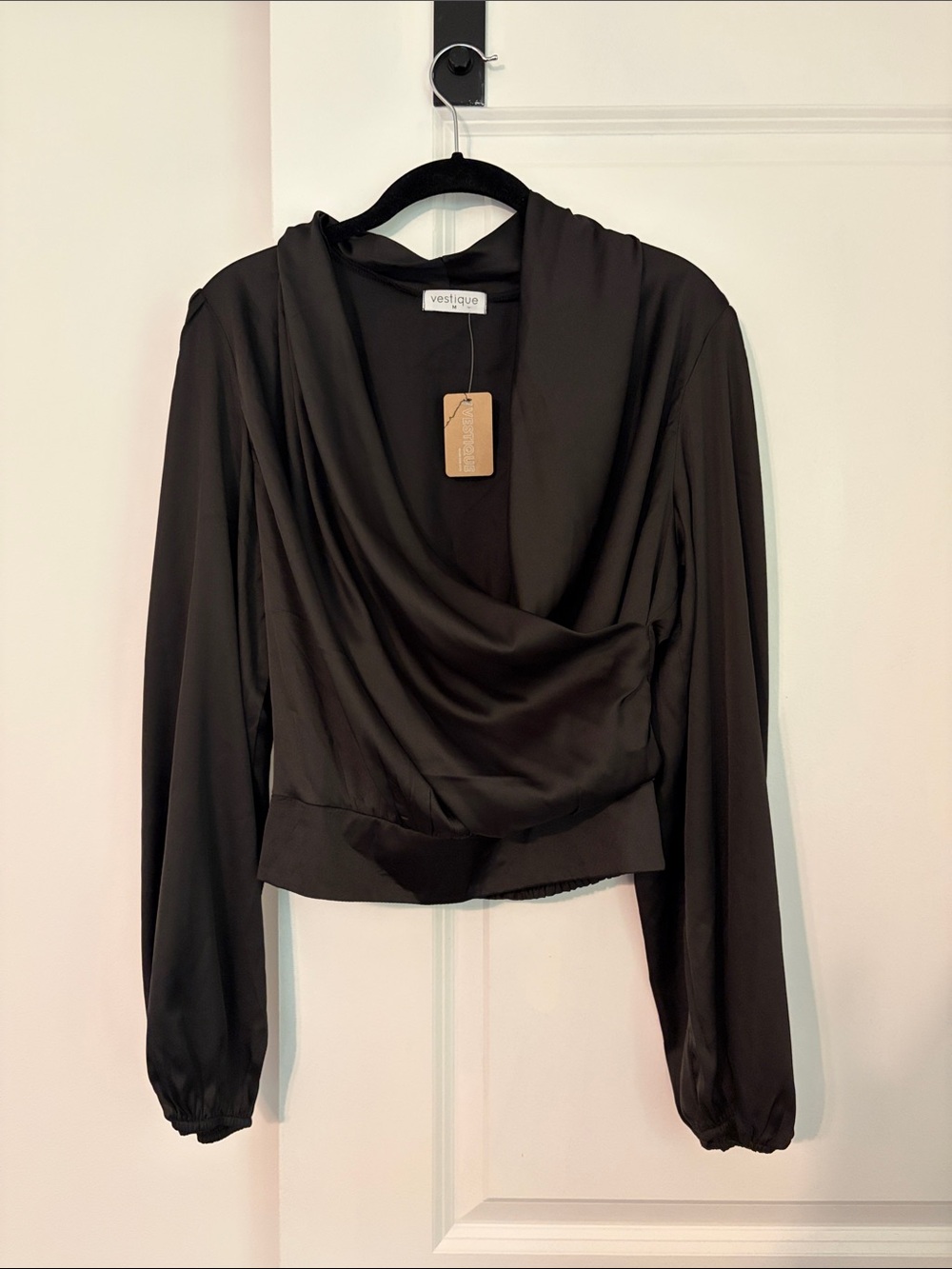 vestique Black Satin Cowl-Neck Long Sleeve Blouse